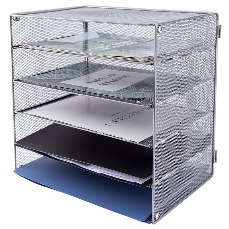 EASEPRES 5 Slot Mesh Desk Organizer Tray, File Paper Letter Folder Holder Desktop Paper Sorter Mail Organization Rack Storage Accessories, for Office Home School Classroom, Silver - Image 3